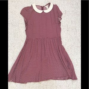Burgundy and white polka dot dress with collar.